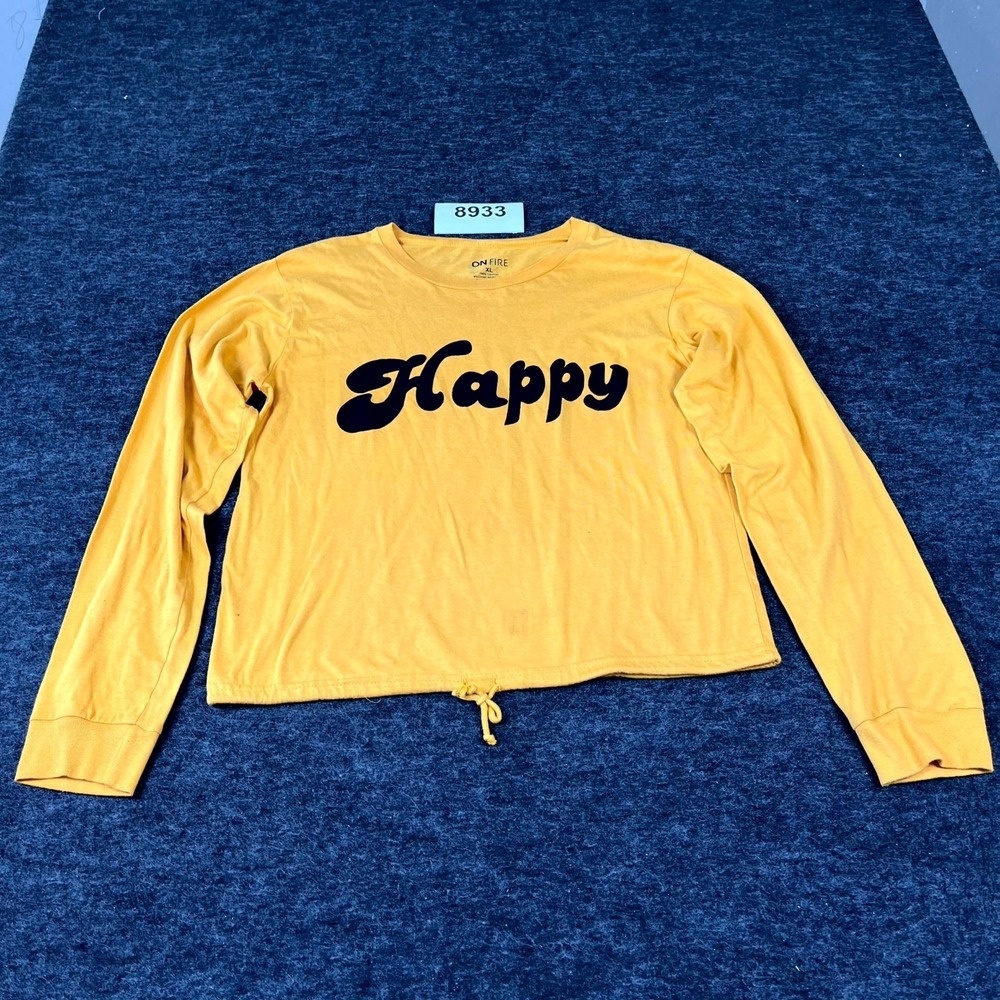Onfire Shirt Women XL Yellow Happy Graphic Cotton Crew Neck Long Sleeve Casual